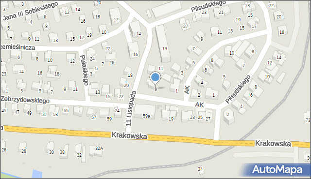 Kalwaria Zebrzydowska, 11 Listopada, 9, mapa Kalwaria Zebrzydowska