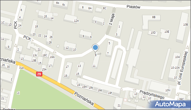 Krosno Odrzańskie, 1 Maja, 9, mapa Krosno Odrzańskie