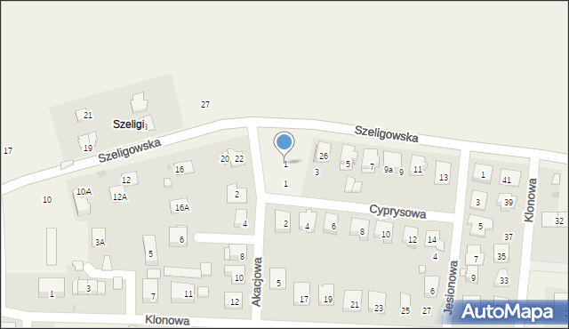 Szeligi, Akacjowa, 1, mapa Szeligi