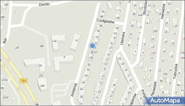 Kielce, Andersa Władysława, gen., 62, mapa Kielc