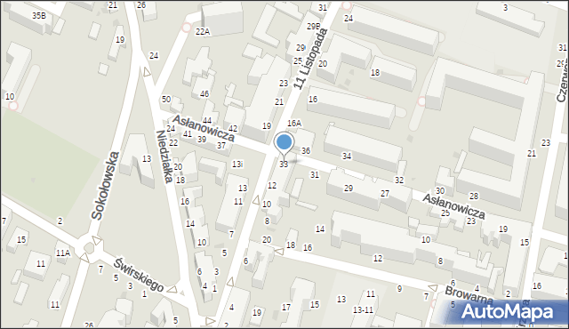 Siedlce, Asłanowicza Mieczysława, 33, mapa Siedlce