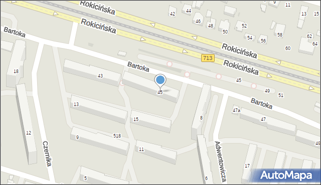 Łódź, Bartoka Beli, 45, mapa Łodzi