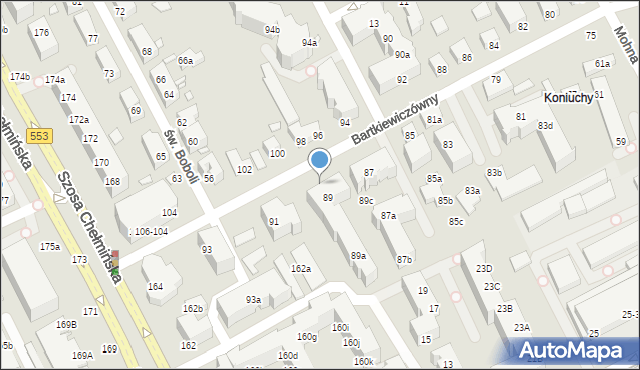 Toruń, Bartkiewiczówny Janiny, 89-89E, mapa Torunia