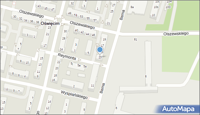 Oświęcim, Bema Józefa, gen., 13, mapa Oświęcimia