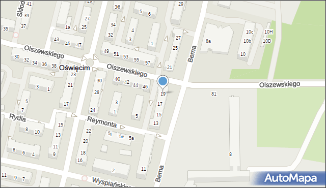 Oświęcim, Bema Józefa, gen., 19, mapa Oświęcimia
