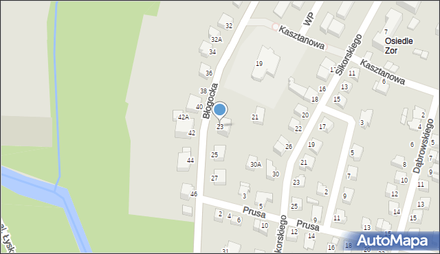 Cieszyn, Błogocka, 23, mapa Cieszyna