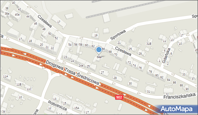 Gliwice, bł. Czesława, 64a, mapa Gliwic