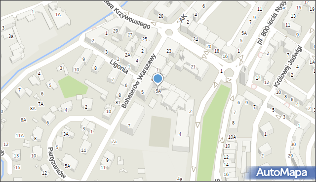 Nysa, Bohaterów Warszawy, 5A, mapa Nysy