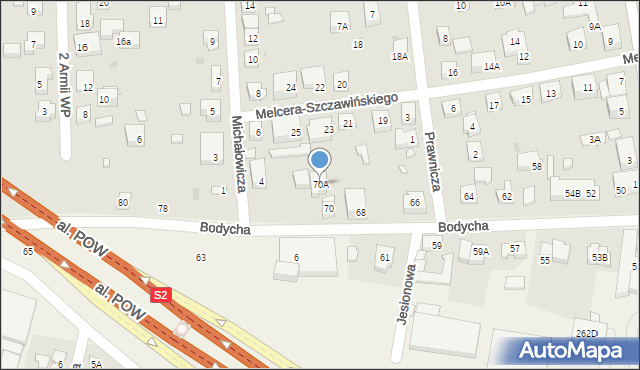 Warszawa, Bodycha Stanisława, 70A, mapa Warszawy