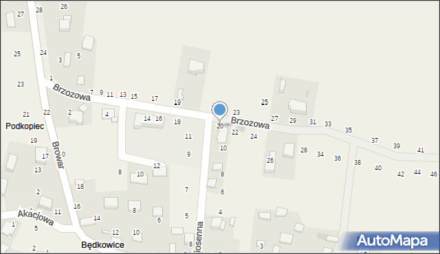 Będkowice, Brzozowa, 20, mapa Będkowice