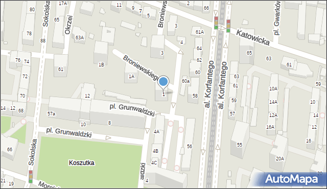 Katowice, Broniewskiego Władysława, 1, mapa Katowic