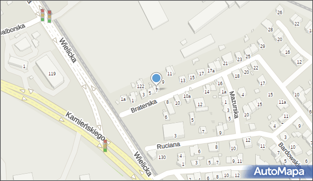 Kraków, Braterska, 7, mapa Krakowa