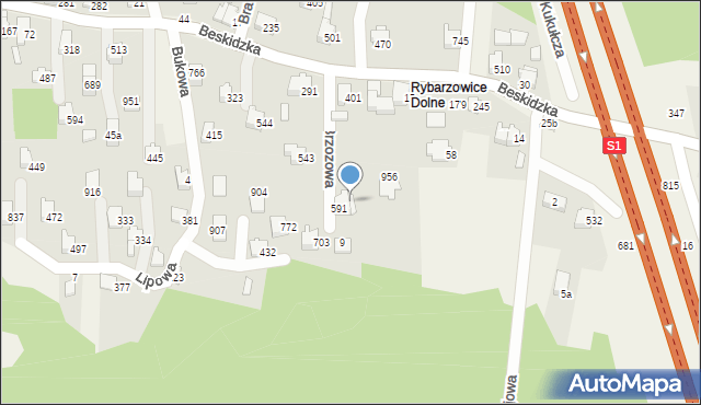 Rybarzowice, Brzozowa, 945, mapa Rybarzowice