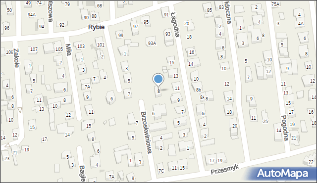 Rybie, Brzoskwiniowa, 8, mapa Rybie