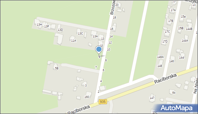 Rybnik, Brzozowa, 9, mapa Rybnika