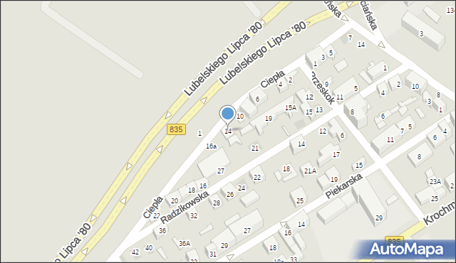 Lublin, Ciepła, 14, mapa Lublina