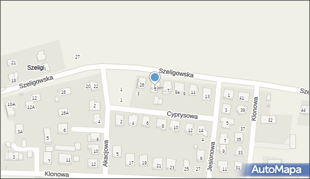 Szeligi, Cyprysowa, 5, mapa Szeligi