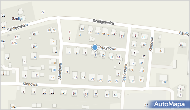 Szeligi, Cyprysowa, 8, mapa Szeligi