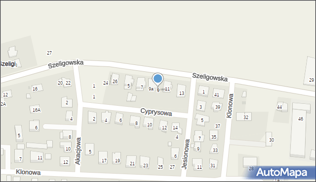 Szeligi, Cyprysowa, 9, mapa Szeligi