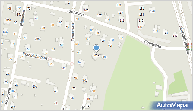 Bielsko-Biała, Czerwona, 88a, mapa Bielsko-Białej