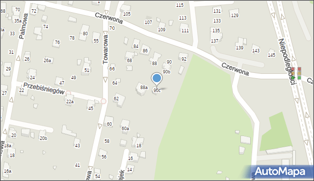 Bielsko-Biała, Czerwona, 90c, mapa Bielsko-Białej