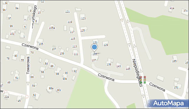 Bielsko-Biała, Czerwona, 135, mapa Bielsko-Białej