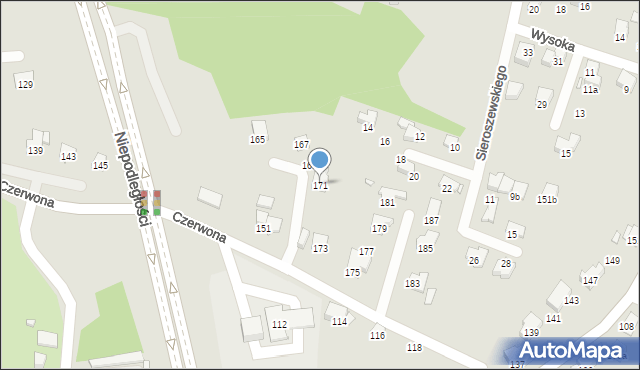 Bielsko-Biała, Czerwona, 171, mapa Bielsko-Białej