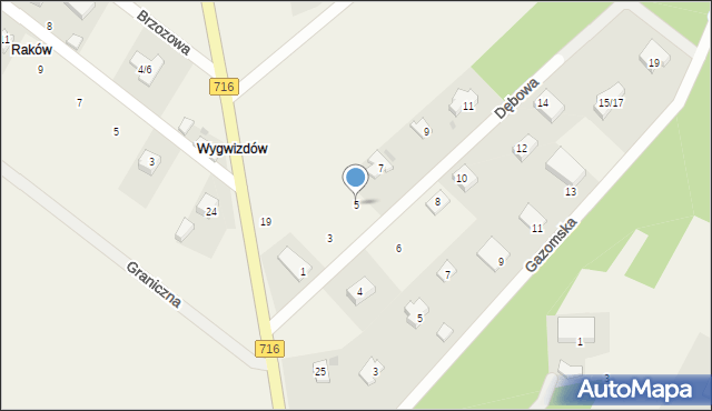 Raków, Dębowa, 5, mapa Raków