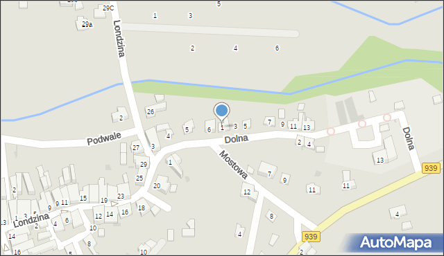 Strumień, Dolna, 1, mapa Strumień