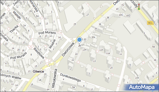 Gliwice, Dworcowa, 26, mapa Gliwic