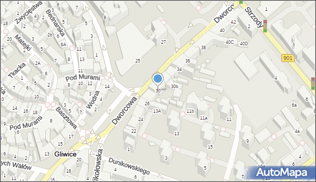 Gliwice, Dworcowa, 30, mapa Gliwic