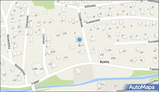 Bystra, Działkowa, 5b, mapa Bystra