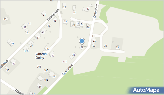 Gorzeń Dolny, Dzwonek, 28, mapa Gorzeń Dolny