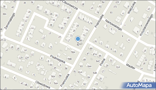 Biała Podlaska, Francuska, 62, mapa Białej Podlaskiej