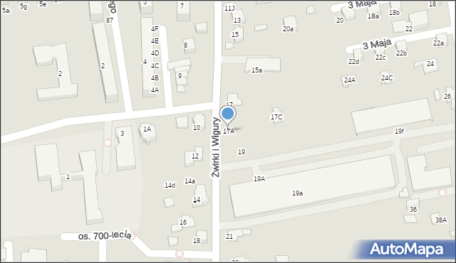 Kęty, Franciszka Żwirki i Stanisława Wigury, 17A, mapa Kęty