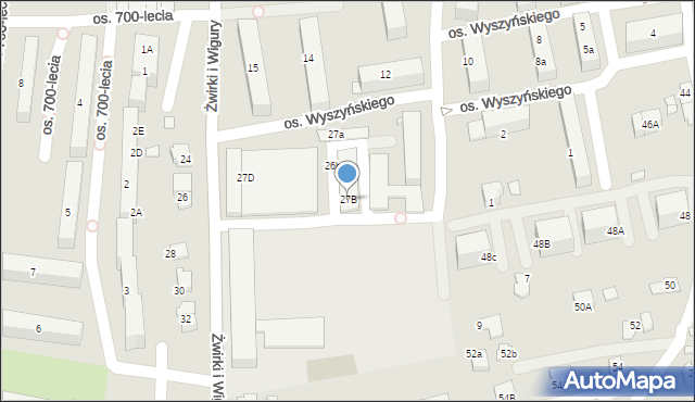 Kęty, Franciszka Żwirki i Stanisława Wigury, 27B, mapa Kęty