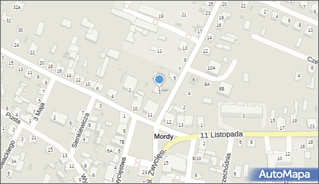 Mordy, Franciszka Żwirki i Stanisława Wigury, 1, mapa Mordy