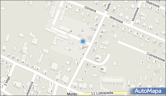 Mordy, Franciszka Żwirki i Stanisława Wigury, 13, mapa Mordy