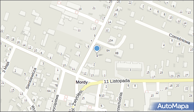 Mordy, Franciszka Żwirki i Stanisława Wigury, 4, mapa Mordy