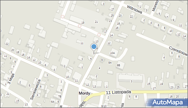 Mordy, Franciszka Żwirki i Stanisława Wigury, 7, mapa Mordy