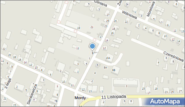 Mordy, Franciszka Żwirki i Stanisława Wigury, 9, mapa Mordy