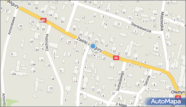 Olsztyn, Franciszka Żwirki i Stanisława Wigury, 19a, mapa Olsztyna