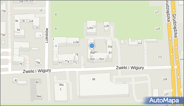 Toruń, Franciszka Żwirki i Stanisława Wigury, 81a, mapa Torunia