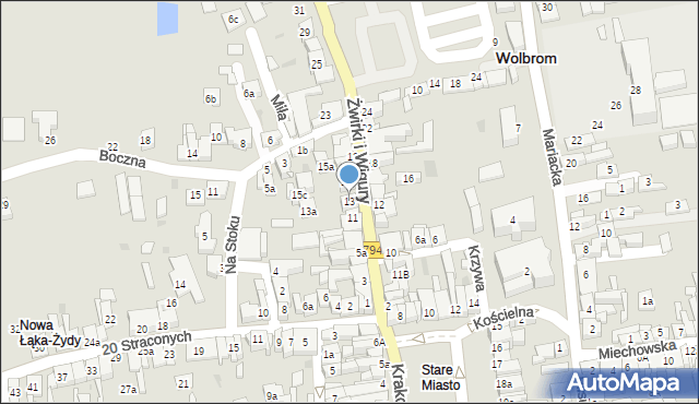 Wolbrom, Franciszka Żwirki i Stanisława Wigury, 13, mapa Wolbrom