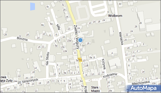 Wolbrom, Franciszka Żwirki i Stanisława Wigury, 14, mapa Wolbrom