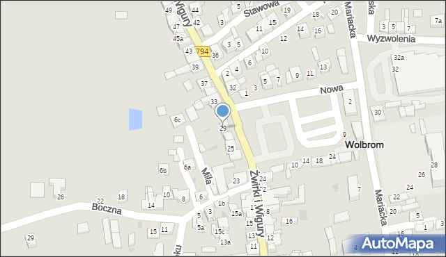 Wolbrom, Franciszka Żwirki i Stanisława Wigury, 29, mapa Wolbrom