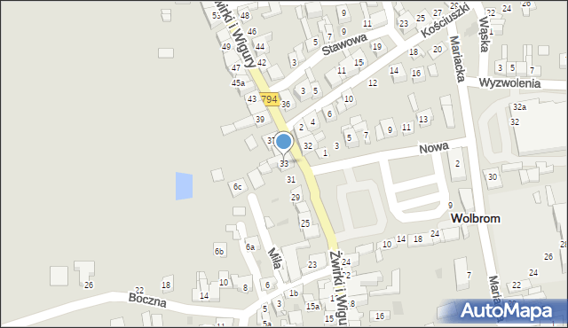 Wolbrom, Franciszka Żwirki i Stanisława Wigury, 33, mapa Wolbrom