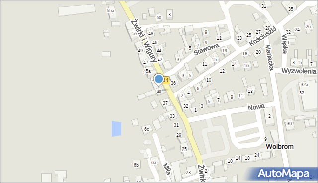 Wolbrom, Franciszka Żwirki i Stanisława Wigury, 39, mapa Wolbrom