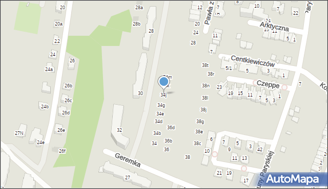 Kraków, Geremka Bronisława, prof., 34j, mapa Krakowa