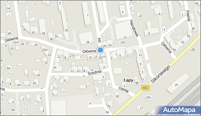 Łapy, Główna, 11, mapa Łapy